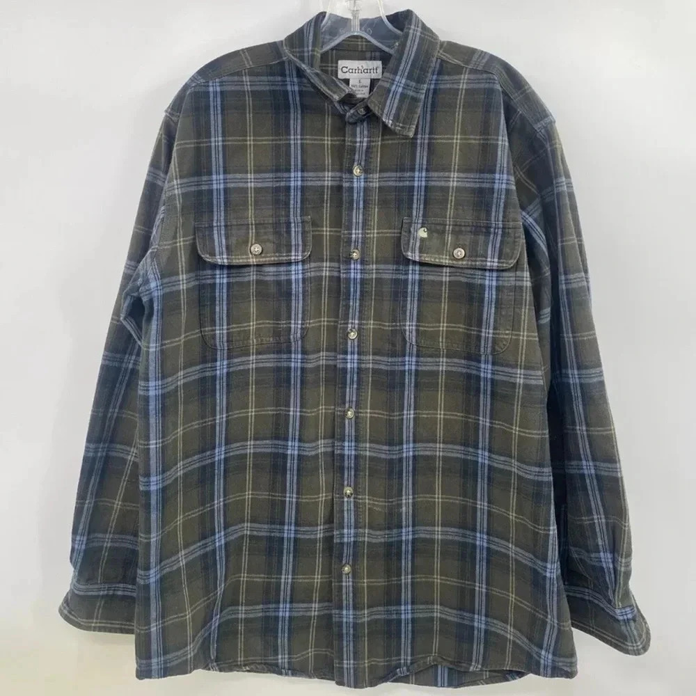 Carhartt S216 OLV RegularHeavyweight Flannel Long Sleeve Plaid Mens Shirt Sz L